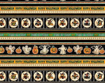 Pode incluir: Tecido com tema de Halloween com padrões repetidos. O design inclui abóboras, fantasmas, corujas e as frases "Happy Halloween" e "Trick or Treat". O esquema de cores apresenta preto, laranja, verde e branco.
