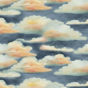 May include: A repeating pattern of fluffy clouds in shades of peach, cream, and white against a dark blue background. The clouds have soft edges and a watercolor effect, with tiny white specks scattered throughout.