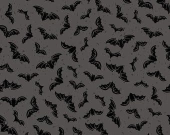 May include: A repeating pattern of black bats on a textured gray background. The bats are in various sizes and orientations, creating a dynamic and spooky design. This pattern is suitable for Halloween-themed products.