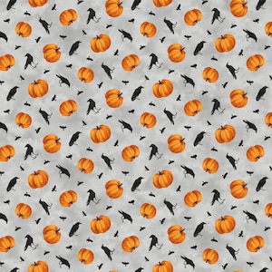 May include: A repeating pattern of orange pumpkins and black crows on a light gray background. The pumpkins are various sizes and shapes, and the crows are in different poses. A Halloween-themed design.