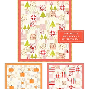 May include: A quilting pattern featuring three different seasonal designs: a Christmas tree quilt, a pumpkin quilt, and a red, white, and blue quilt. The pattern is called "Seasonal Patchwork" and is by Fig Tree & Co.