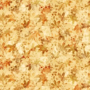 May include: A seamless pattern featuring a watercolor design of autumn leaves and berries in shades of brown, orange, and yellow. The leaves are various sizes and shapes, creating a natural, textured look. The background is a light beige.