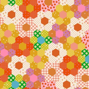 May include: A colorful patchwork fabric with a floral design. The pattern features hexagon shapes in various colors, including orange, pink, yellow, and green. Some hexagons have polka dots, while others have floral or checkered patterns. The overall design is a mix of geometric and floral elements.