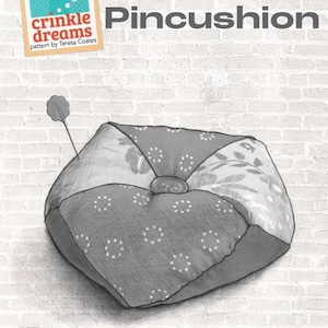 May include: A gray and white Four-Patch pincushion with a button center and a pin inserted. The pincushion is made of patterned fabric and is part of the "crinkle dreams" pattern by Teresa Coates.