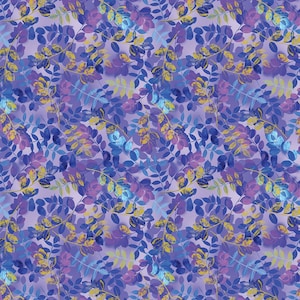 May include: A seamless pattern featuring a repeating design of stylized leaves in shades of purple, blue, and yellow. The leaves are arranged densely across a light purple background, creating a textured, botanical aesthetic.