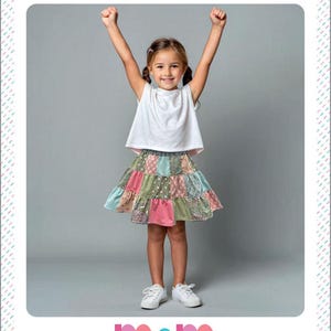 May include: A young girl wearing a white top and a patchwork tiered skirt. The skirt features squares of pink, green, blue, and patterned fabrics. The text "TWIRL GIRL" and "GIRLS PATCHWORK TIERED SKIRT" are visible.