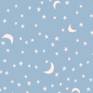 May include: A seamless pattern featuring white stars and crescent moons scattered across a light blue background. The celestial design is repeated, creating a whimsical and dreamy aesthetic. The stars and moons are simple, stylized shapes.