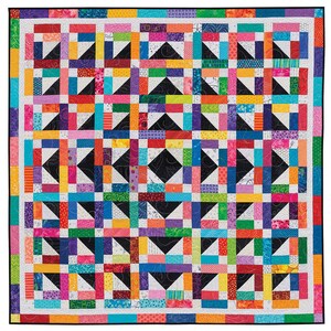 May include: A colourful quilt with a geometric pattern of black, white, and various bright colours. The quilt is made up of squares and triangles, creating a visually interesting design.