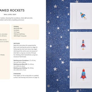 Może przedstawiać: Trzy oprawione haftowane wzory przedstawiające rakiety w r&oacute;żnych fazach lotu: odliczanie, start i orbita. Rakiey są czerwone, niebieskie i ż&oacute;łte z białymi akcentami. Ramy są białe, a tło to niebieski materiał z białymi gwiazdami.