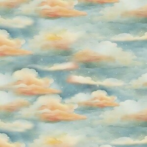 May include: A watercolor-style pattern featuring fluffy clouds in shades of peach, yellow, and white against a light blue sky. The clouds have soft edges and a dreamy quality, with subtle hints of stars scattered throughout the scene.