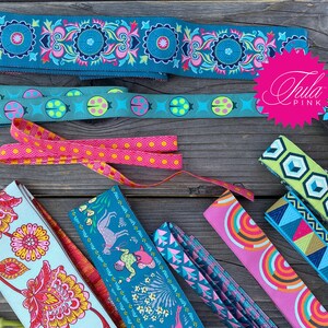 Designer Ribbons by Tula Pink, Octograden, Splendor Ribbons, and Strawberry Vintage Rainbow, Lady Bug Ribbons and Fabric Embellishments