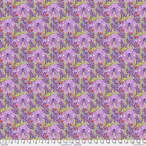 May include: Purple fabric with a repeating pattern of stylized butterflies and flowers in shades of green, yellow, and blue.