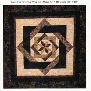 May include: A quilt pattern called "Labyrinth" by Calico Carriage Quilt Designs. The pattern features a geometric design with a central star shape in shades of brown and beige. The pattern is designed to be made without diamonds or "Y" seams. The pattern is available in sizes for a lap quilt, twin bed, queen bed, and king bed.