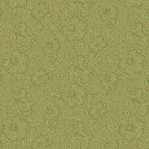 May include: A textile fabric featuring a repeating pattern of dark olive green lace-like floral and paisley motifs set against a lighter olive green background. The intricate design consists of swirling lines and detailed botanical shapes.