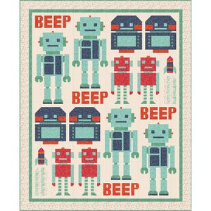 May include: A colorful quilt featuring a repeating pattern of pixelated robots in shades of teal, red, and navy blue. The word "BEEP" is interspersed throughout the design. The quilt has a cream background and a green border.