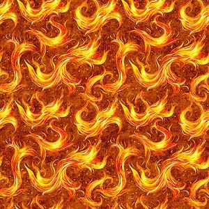 May include: A repeating pattern of stylized flames in shades of yellow, orange, and red. The flames have a swirling, dynamic shape, set against a textured, brown background with small, scattered specks.