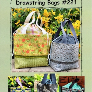 May include: Four drawstring bags with different fabric patterns. The bags are made of cotton and have a drawstring closure. The bags are perfect for carrying small items, such as groceries, books, or crafts.