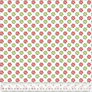 May include: White background with a repeating pattern of red and green peppermint candies.