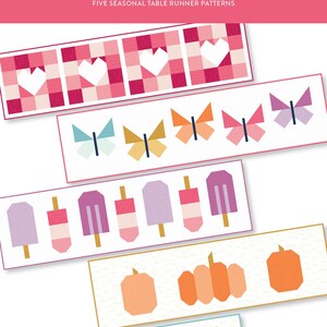 May include: A graphic design featuring five seasonal table runner patterns. The patterns include hearts, butterflies, popsicles, pumpkins, and ornaments. The text "JOYFUL HOLIDAYS" is displayed in large white letters on a pink background.