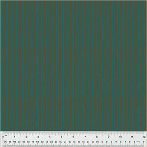 May include: A fabric with alternating brown and teal vertical stripes. The fabric is a woven material with a smooth texture.