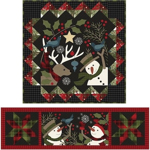 May include: A Christmas-themed quilt with a central square featuring a reindeer, snowman, birds, and holly. The design includes a star and snowflakes on a black background. The border has a red and green plaid pattern.