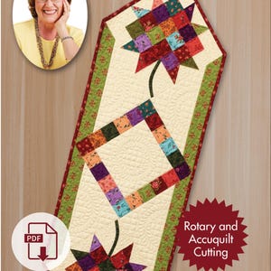 Może przedstawiać: Wzór PDF na bieżnik i nakładkę na stół w patchworku. Kołdra ma kwiatowy wzór z gwiaździstym środkiem i kwadratową ramą. Wzór nosi tytuł "Quilt in a Day" i jest oznaczony jako "Łatwy".