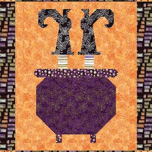 May include: A Halloween-themed quilt featuring a purple cauldron with witch legs and hats. The background is orange with spiderwebs. The border has text that says "Boo", "Creepy", and "Goblins".