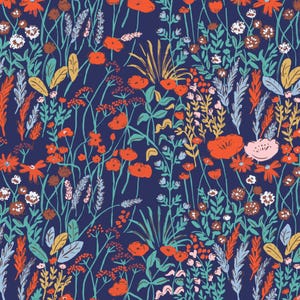 May include: A vibrant floral pattern featuring a dense arrangement of stylized flowers and foliage. The design showcases orange poppies, white and pink blossoms, and various green, blue, and yellow leaves against a deep navy blue background. This botanical illustration is suitable for fabric or wallpaper.