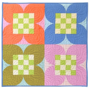 Checkered FLOWER Quilt Kit from Windham Fabrics using Ruby and Bee Solids - Modern retro style flower quilt kit
