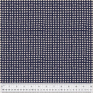 May include: A navy blue fabric with a white polka dot pattern. The fabric has a slightly textured surface.