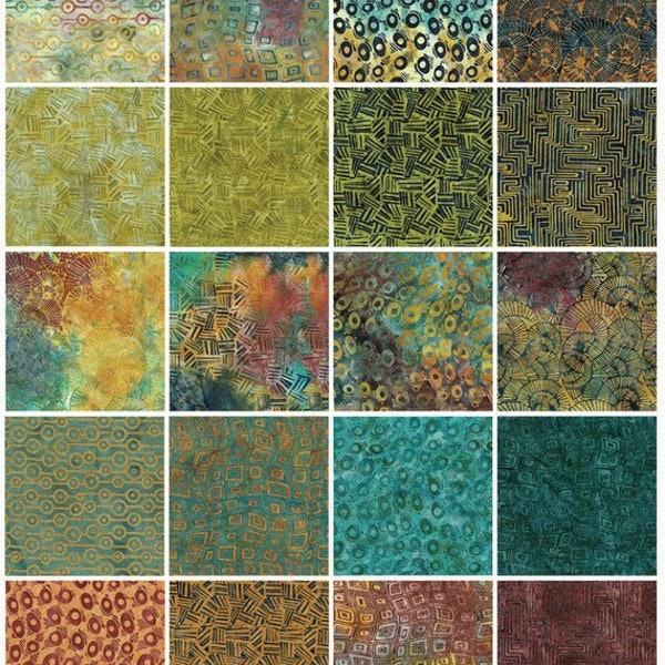 Santorini 2.5 Inch Strip Pack 40 pcs, Modern Batik Fabric Precuts in Teals, Greens, Brown Batik Squares, Hunter Green Batiks,