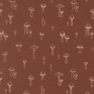 May include: A repeating pattern of beige mushroom illustrations on a dark reddish-brown background. The mushrooms vary in size and shape, with detailed caps and stems. The design has a textured appearance, suggesting a fabric or paper surface.
