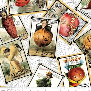 May include: A fabric with a repeating pattern of vintage seed packet illustrations. The packets feature images of vegetables and fruits, including tomatoes, onions, and apples, with text and decorative borders. The background has a white spiderweb design.