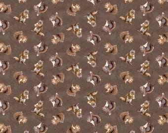 Squirrels - Dark Khaki - The Secret Life of Squirrels 3 - Clothworks Fabrics, sold by quarter yard
