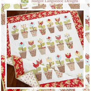 May include: A white quilt with a red border and a pattern of flower pots with colorful flowers. The quilt is titled "Flower Pots" and the website "www.thepatternbasket.com" is displayed below the title.