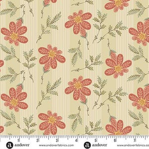 May include: Floral fabric with a repeating pattern of large, coral-colored flowers with yellow centers and green leaves on a cream background with vertical stripes. The fabric is suitable for quilting and sewing projects.