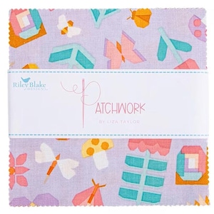 May include: A stack of fabric squares with a repeating pattern of colorful geometric shapes, butterflies, and mushrooms on a lavender background. The fabric is wrapped with a white label that reads "Patchwork by Liza Taylor" and the Riley Blake Designs logo.