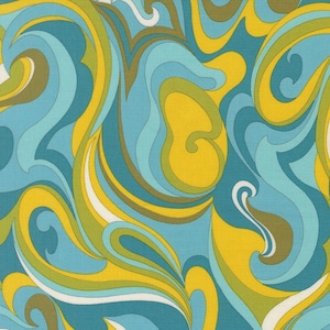 May include: A seamless pattern featuring a retro, psychedelic design. The pattern showcases swirling, abstract shapes in shades of teal, light blue, yellow, green, white, and brown. The design evokes a sense of movement and fluidity, reminiscent of the 1960s and 70s.