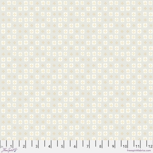 May include: A light gray fabric with a repeating pattern of off-white squares, each containing a smaller gold cross design. The fabric has a ruler along the bottom edge, with the words "Free Spirit" and "freespiritfabrics.com" visible.