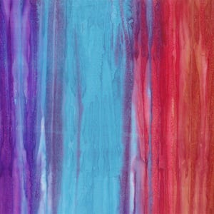May include: Abstract watercolor painting with vertical streaks of color. The artwork features a gradient of hues, including purple, turquoise, red, and orange. The paint appears to have dripped down the canvas, creating a textured effect.