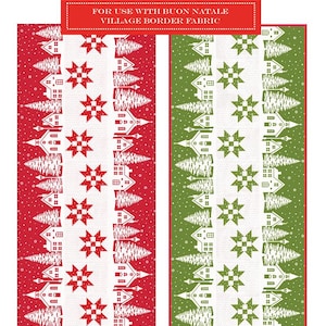 May include: Christmas Village Runner fabric with a festive design. The fabric features a repeating pattern of white houses, trees, and star shapes on red and green backgrounds. The text "Christmas Village Runner" is at the top.
