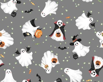 Festive Ghosts - Gray - Paranormal Parade by Beth Reed for Studio E, cotton fabric sold by the quarter yard, choose your cut