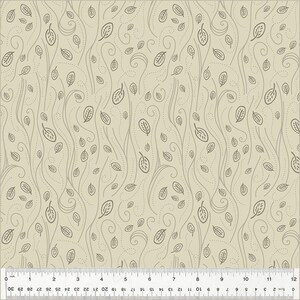 May include: A seamless pattern featuring a beige background with a repeating design of gray leaves and swirls. The leaves are stylized and have a simple, organic shape. The swirls are thin and delicate, creating a sense of movement and flow.