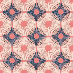 May include: A repeating pattern featuring a grid of stylized floral or sunburst designs. Each design element consists of a central coral-colored circle, surrounded by radiating lines in a lighter coral hue, and framed by a dark blue square.