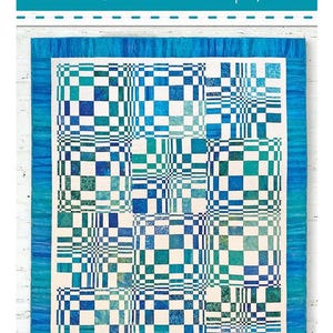May include: A quilt pattern called "Fibonacci's Fancy" by Material Girlfriends. The pattern is for a quilt measuring 73 inches by 93 inches. The quilt is made up of a grid of squares in shades of blue and white.