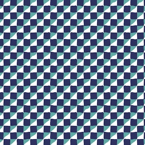 May include: A repeating pattern of diagonal rows of squares in navy blue, teal, and white. The squares have a slightly irregular, hand-drawn appearance, creating a textured effect. The design is simple and graphic.