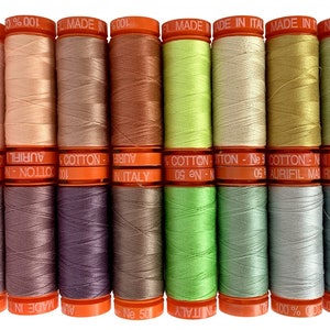 May include: A collection of twenty spools of Aurifil cotton thread arranged in two rows. Each spool features a vibrant color, including shades of orange, pink, brown, green, grey, and blue, with orange plastic caps labeled Made in Italy.