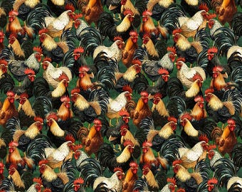 May include: A repeating pattern of roosters in various colors, including brown, black, white, and gold, against a dark green background. The roosters are depicted in a detailed, realistic style, creating a busy, textured design.