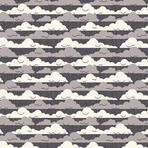 May include: Seamless pattern featuring stylized clouds in shades of gray and off-white against a dark gray background. The design includes horizontal bands of clouds with vertical lines suggesting rain, creating a weather-themed pattern.