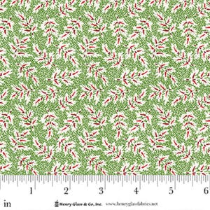 May include: Green and white fabric with a repeating pattern of red berries and leaves. The fabric has a textured appearance, with a woven-like background. The design is suitable for quilting or other craft projects.